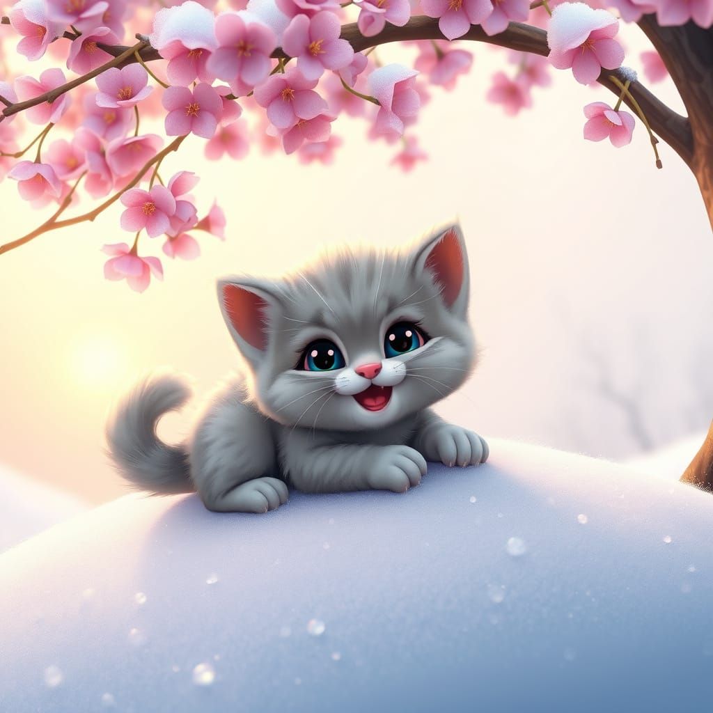 Whimsical Grey Kitten Plays Under Blossoming Tree