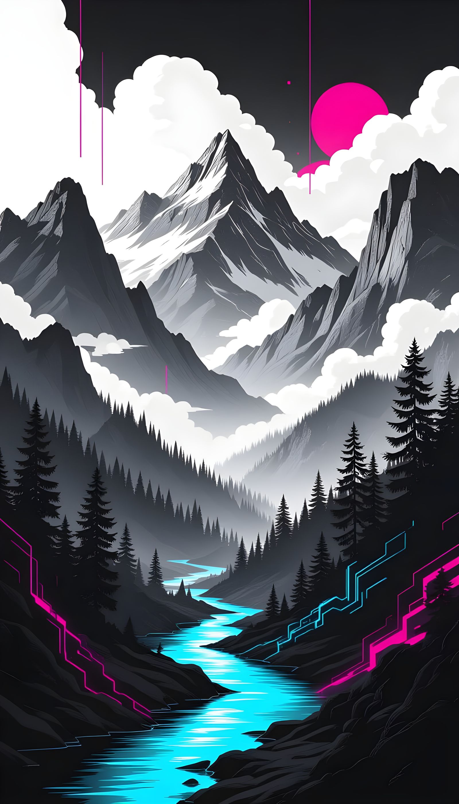 Glitch Art Landscape with Neon Accents
