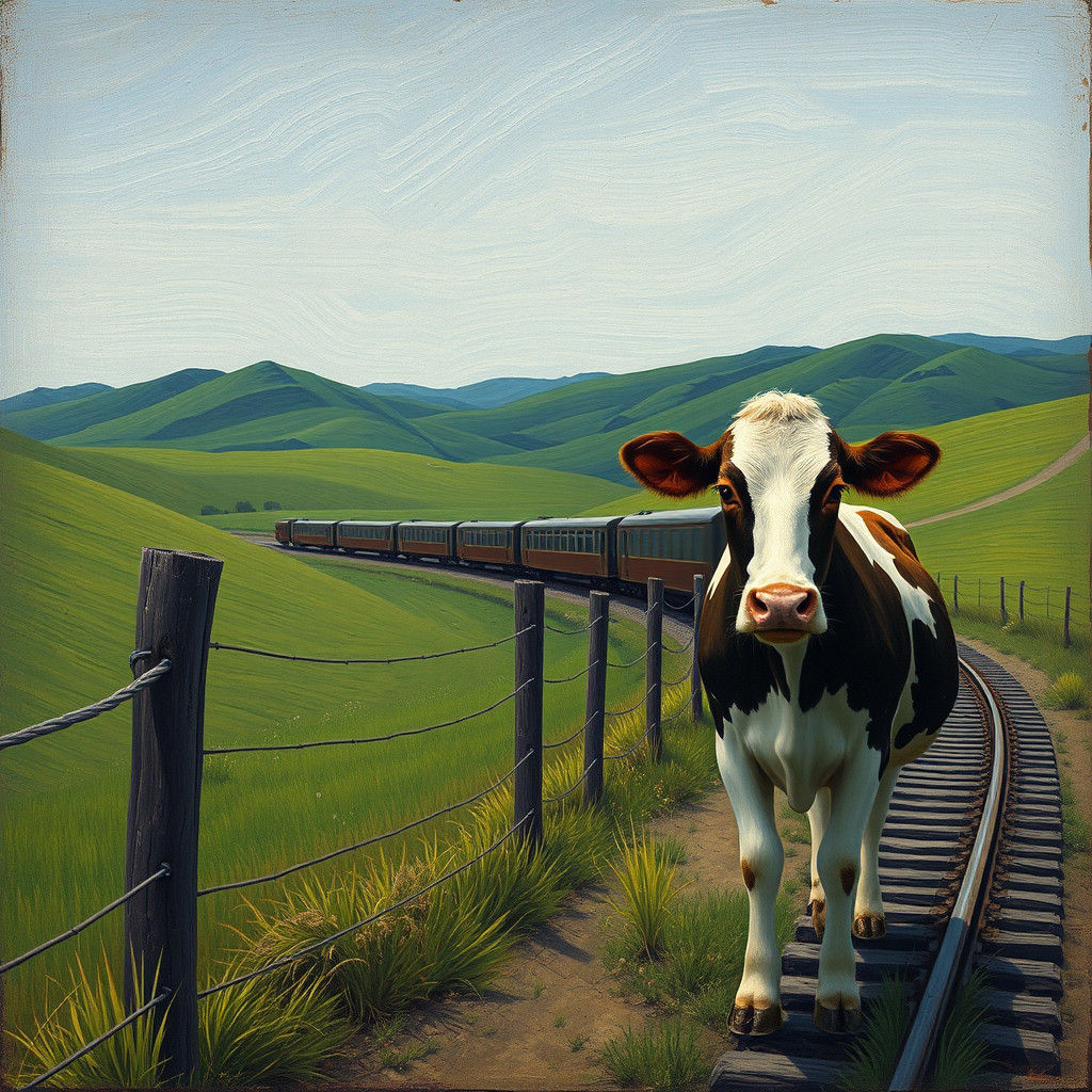 Lonely Cow Gazing at Train: Impasto Painting
