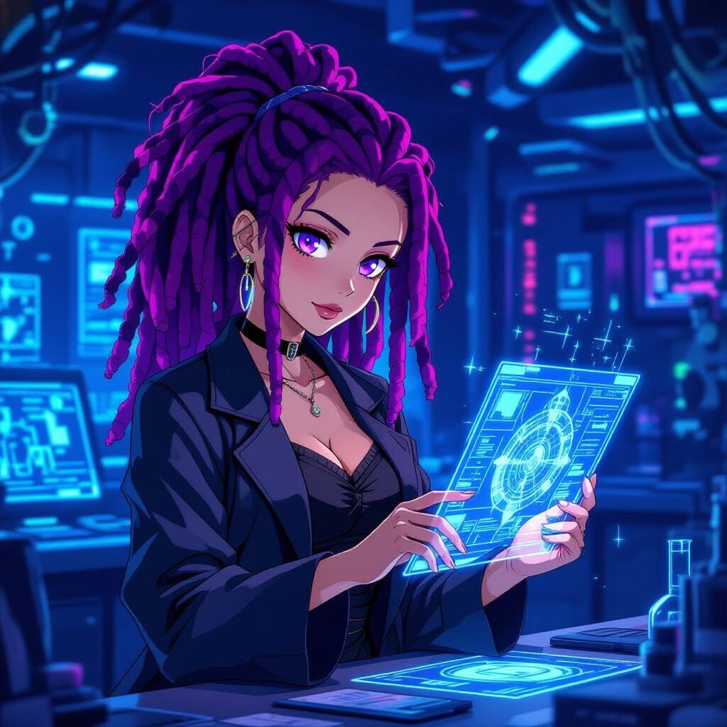 Stylish Anime Woman in High-Tech Lab