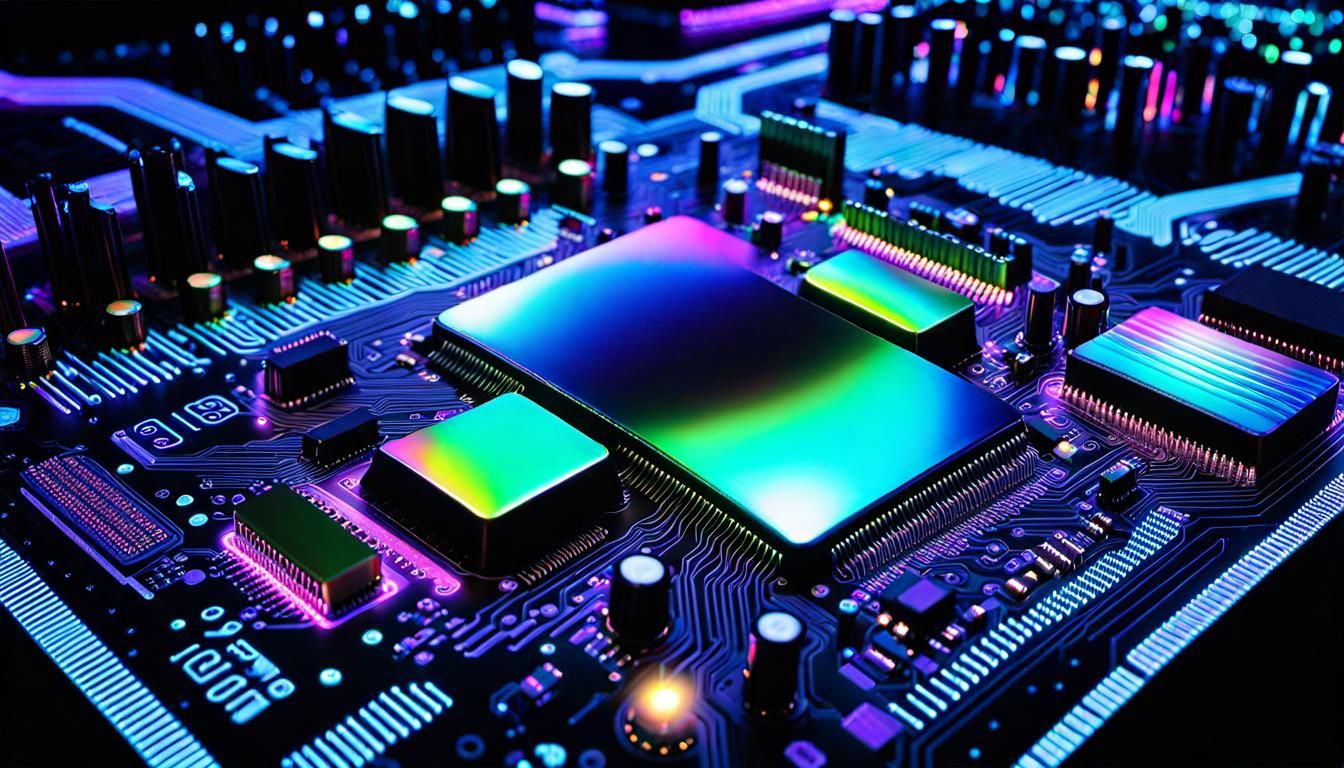 Iridescent Bioluminescent Motherboard in Ethereal Sky