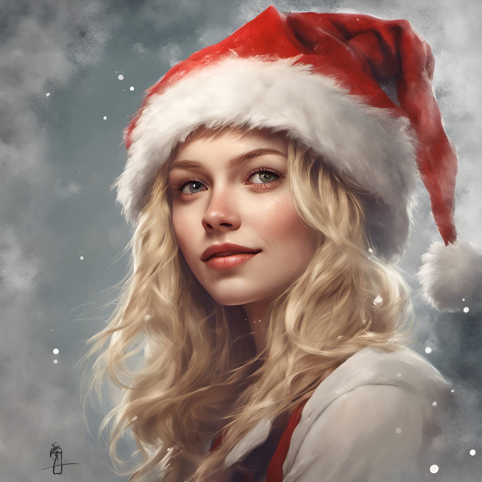 Blonde Woman in Santa Hat Digital Illustration