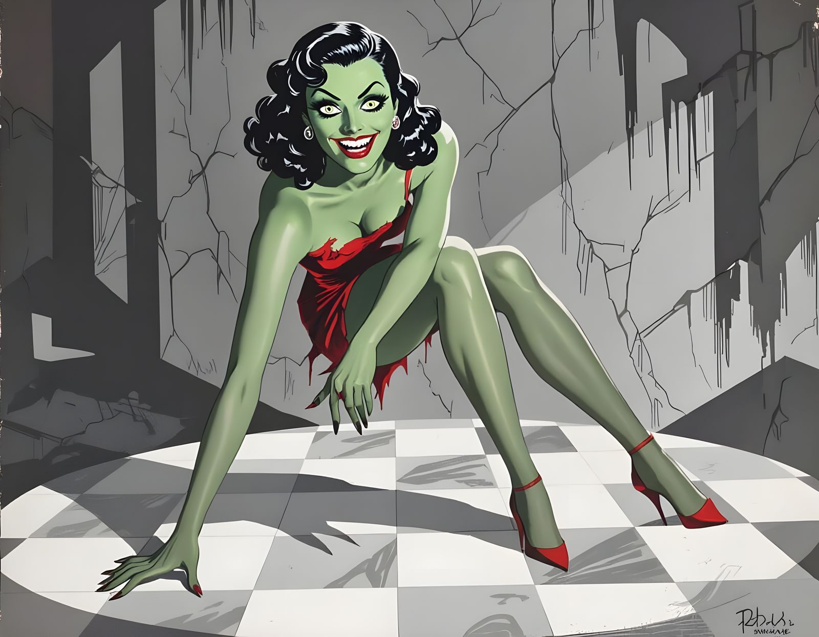 Hideous Green Woman Grinning on Pulp Magazine Cover