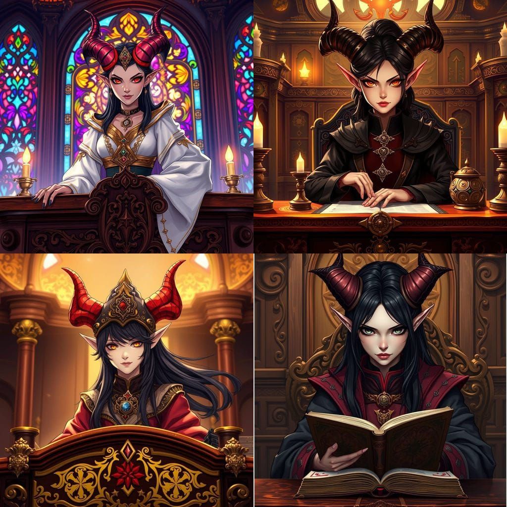 Surreal Anime-Inspired Tiefling Priest at Opulent Wooden Des...