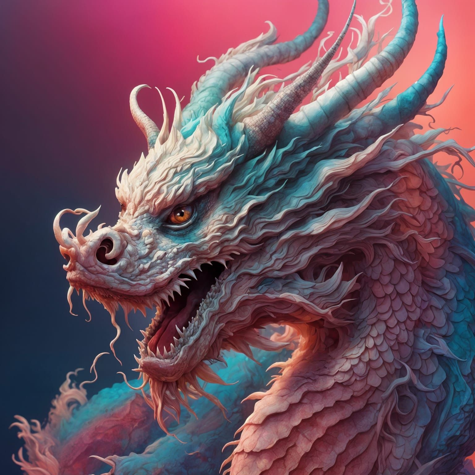 Hyperrealistic Asian Dragon in Vaporwave Style