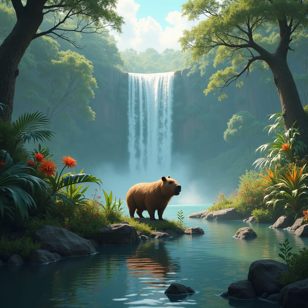 Capybara on Riverbank in Fantasy Landscape
