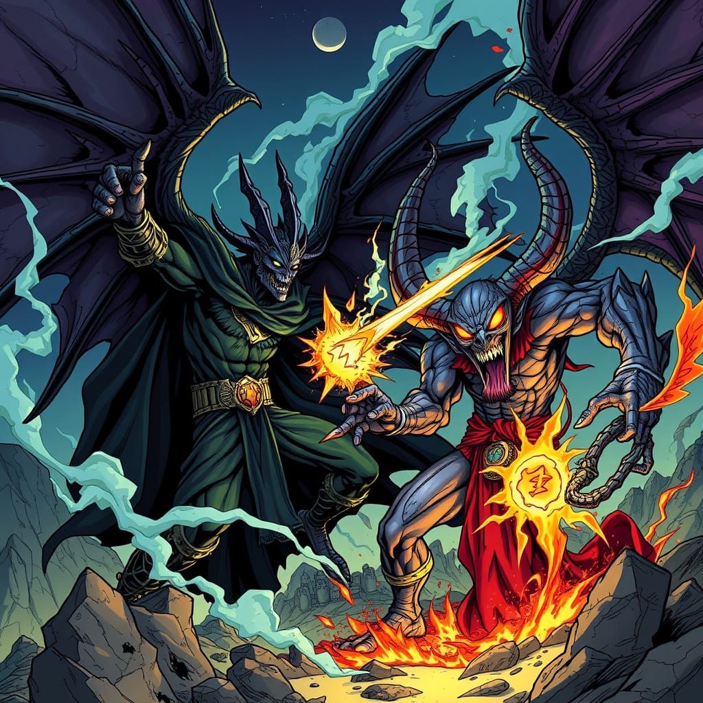 Margoth vs Sauron cartoon style by Ian Churchill