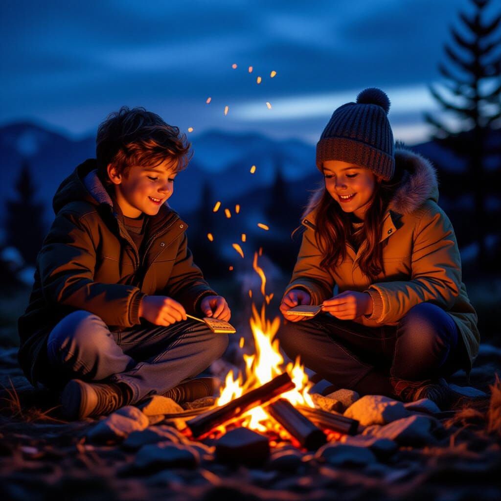 Kids Making S'mores Around a Campfire at Night