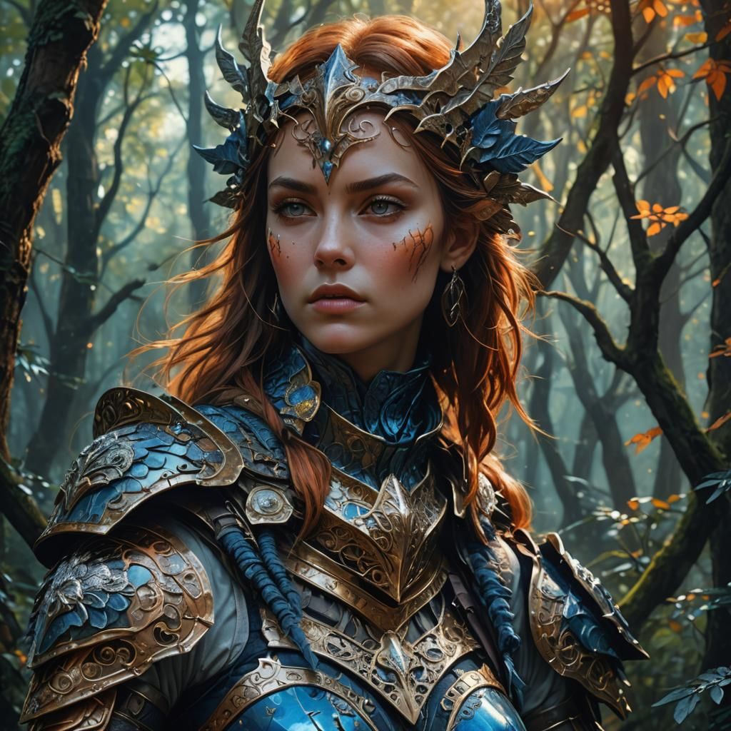 Fantasy Female Warrior in Mystical Forest, Digital Art