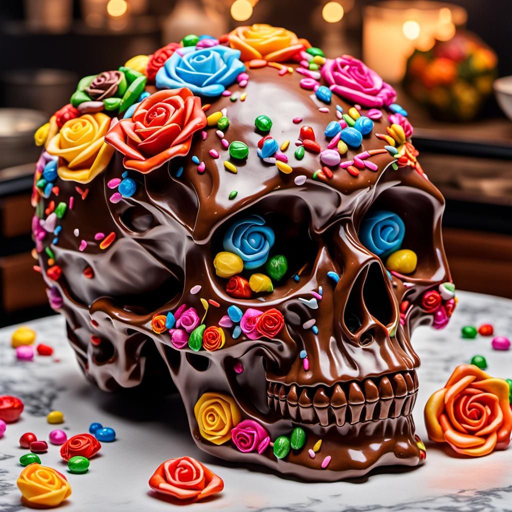 Hyperrealistic Chocolate Skull with Candy Roses