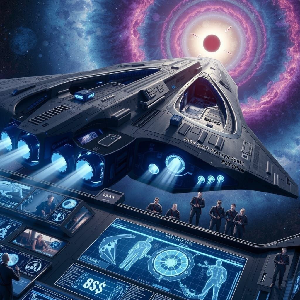 Sleek Starship Drifting Near a Pulsar