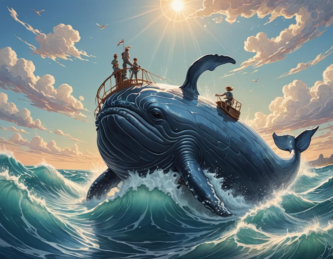 Whimsical Whale Ride in Storybook Illustration Style