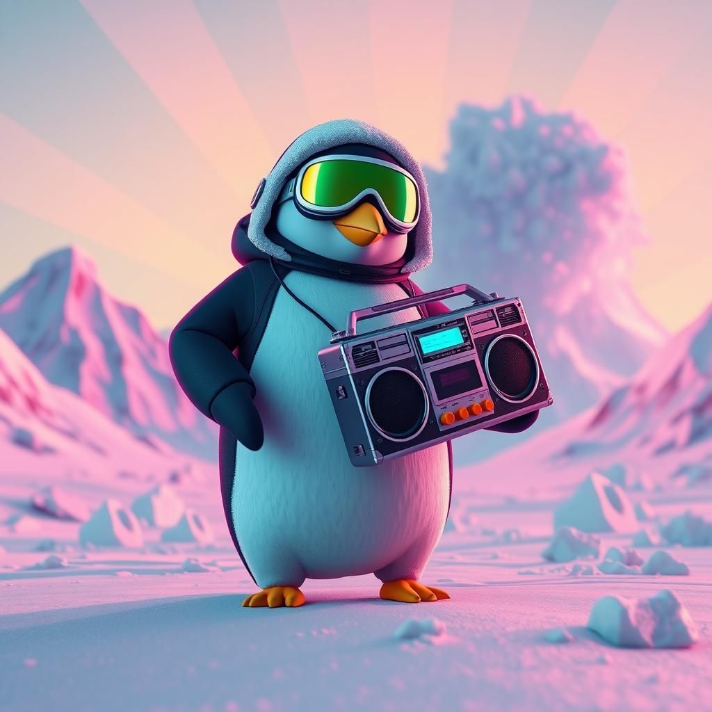 Penguin holding a radio boom box in the antarctic causing a ...