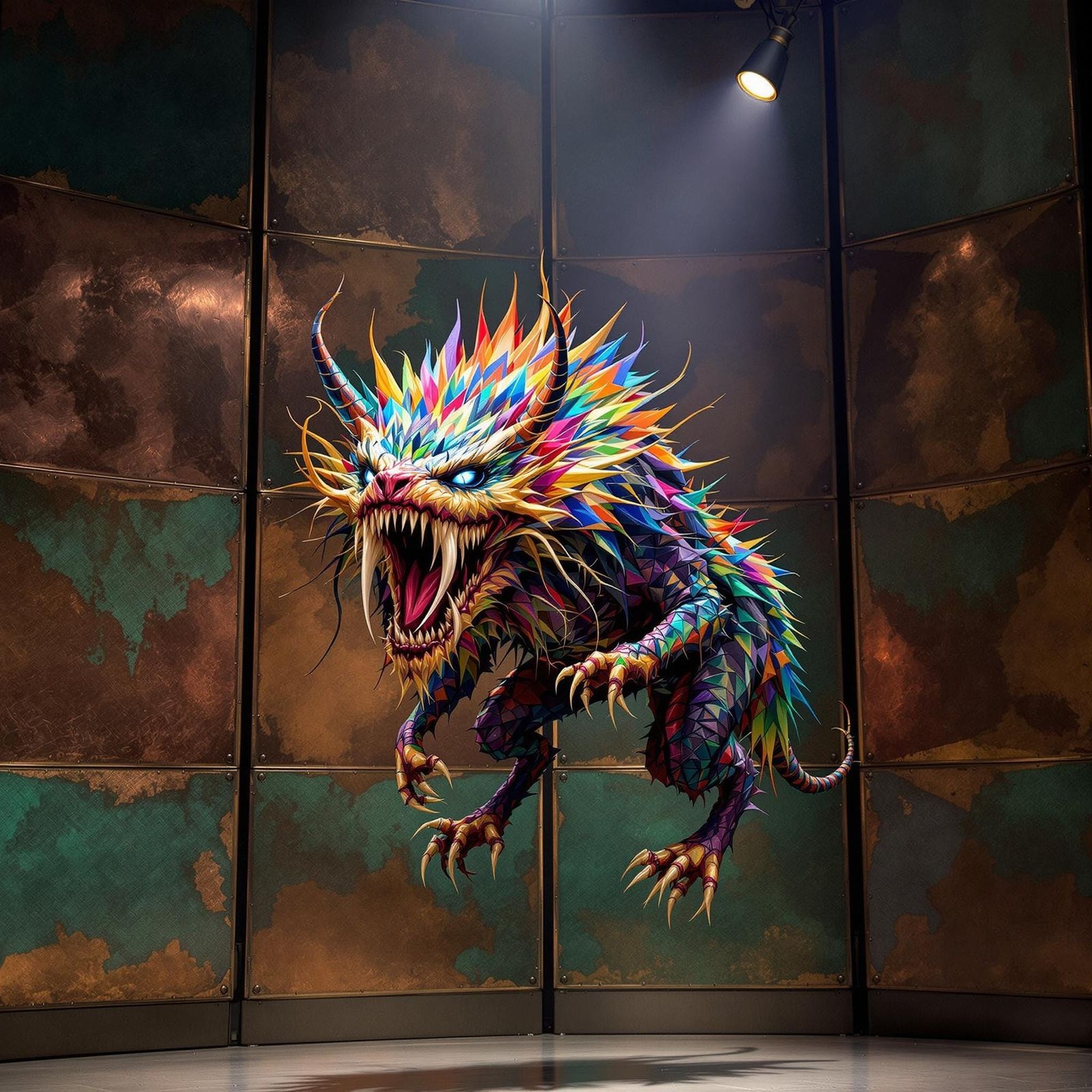 Magical Hovering Beast Amidst Copper Panels