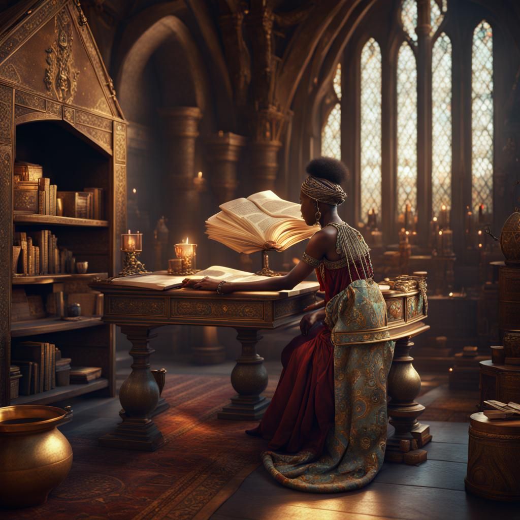 Bejeweled Woman Reading at Medieval Desk in Detailed Paintin...
