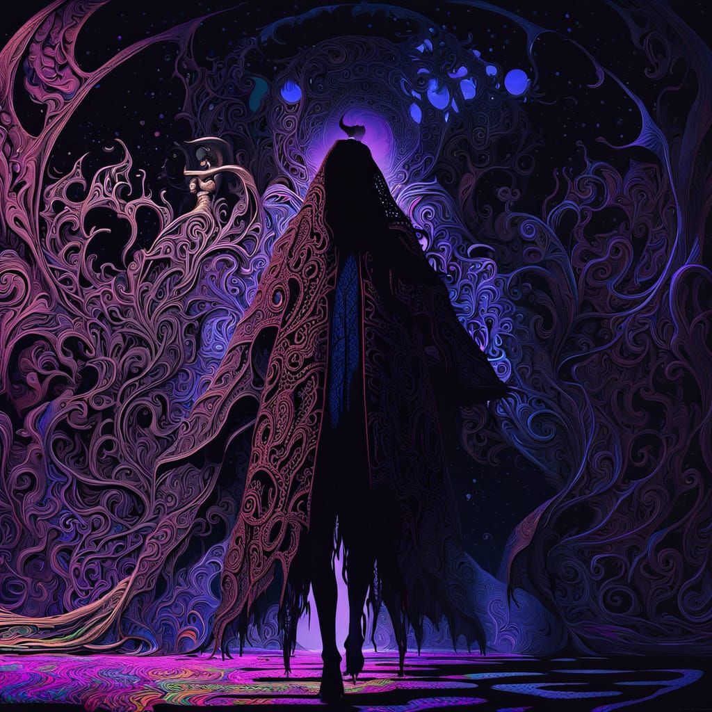 Anime-Inspired Woman Walking in Darkness with Zentangle Shad...