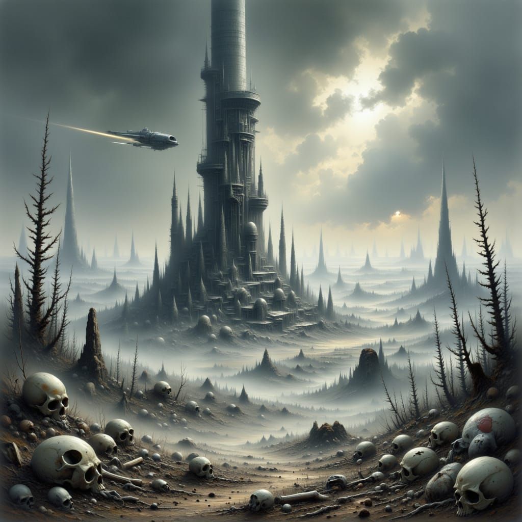 Alien Planet Tower with Spaceship in Orbit