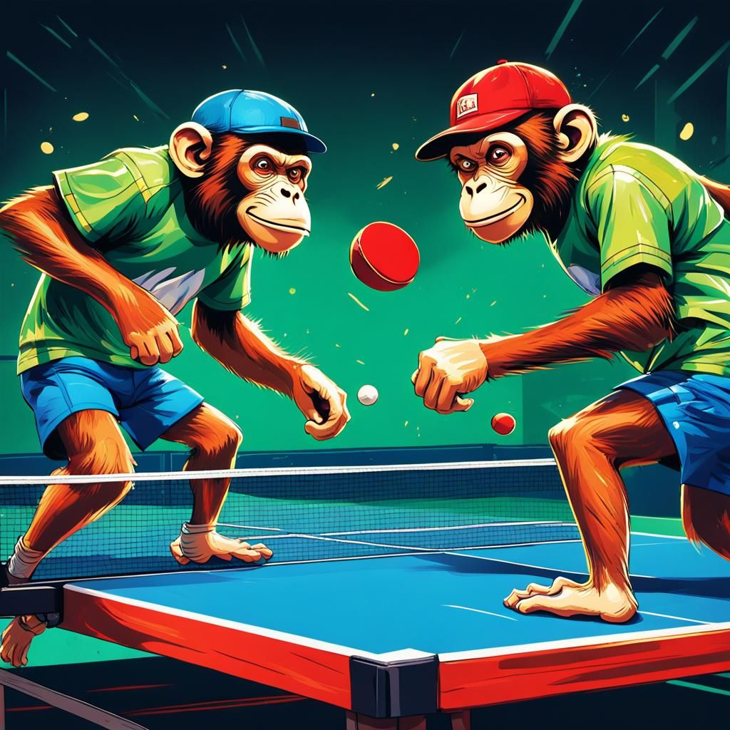Monkeys Play Table Tennis in Comic Art Style