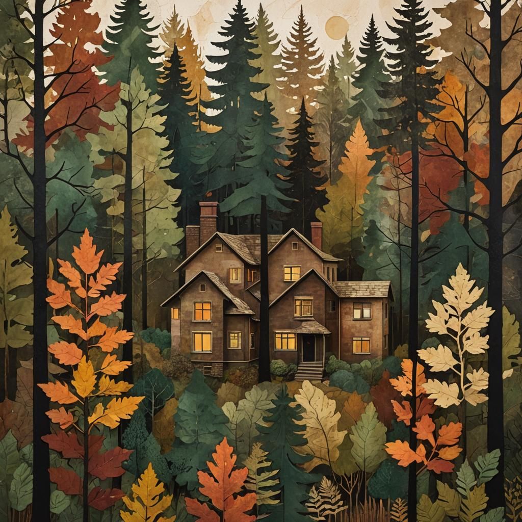 Forest Landscape House Silhouette: Mixed Media Collage