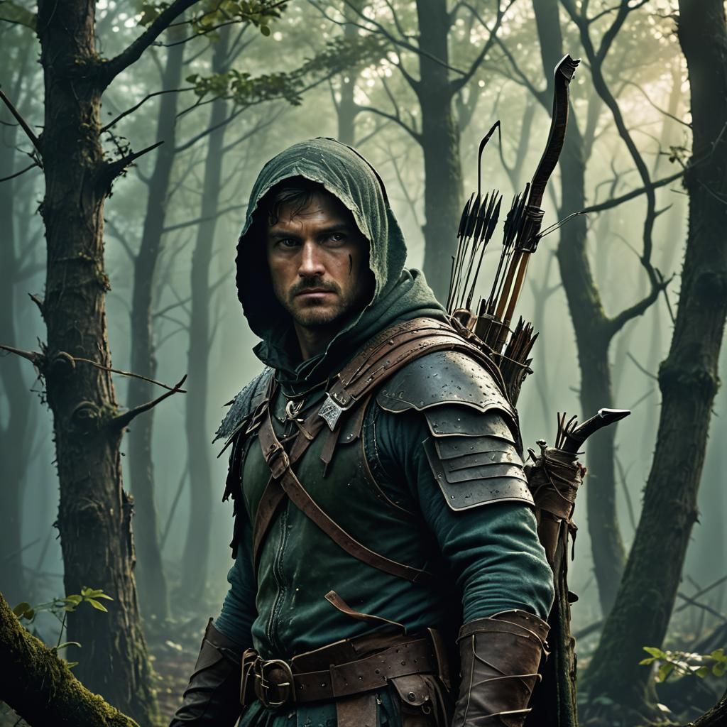 Undead Robin Hood in Misty Dark Fantasy Forest