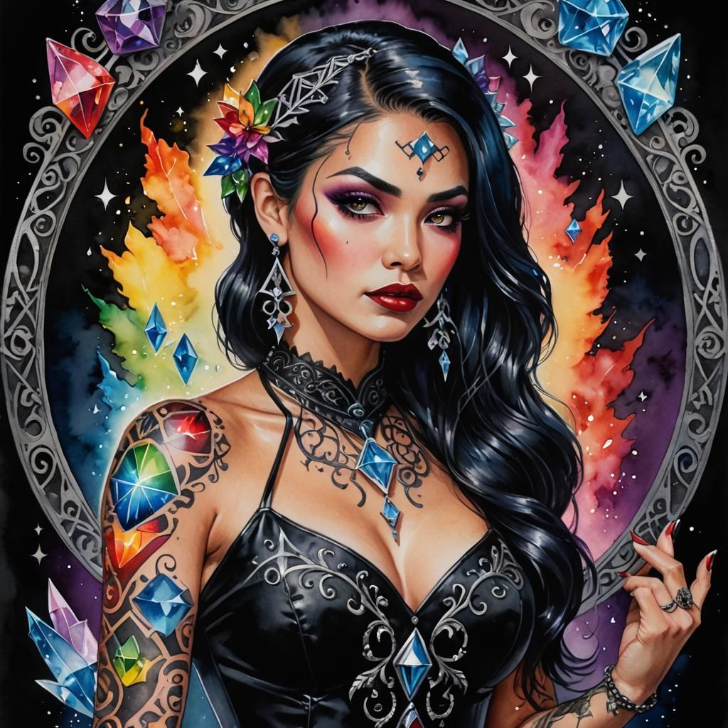 Gothic Latina Pinup with Rainbow Crystals in Watercolour