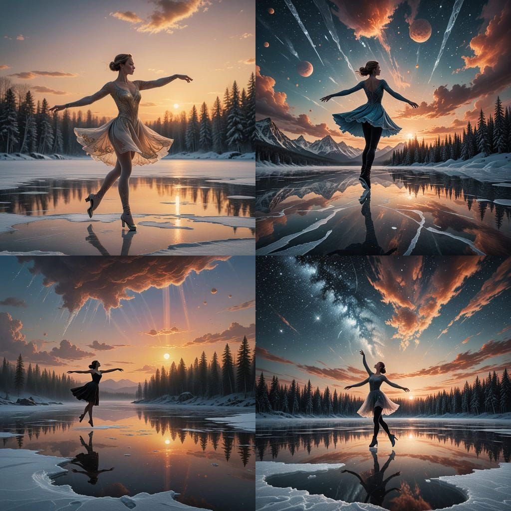 Figure Skater on Sky Lake Under Binary Sunset