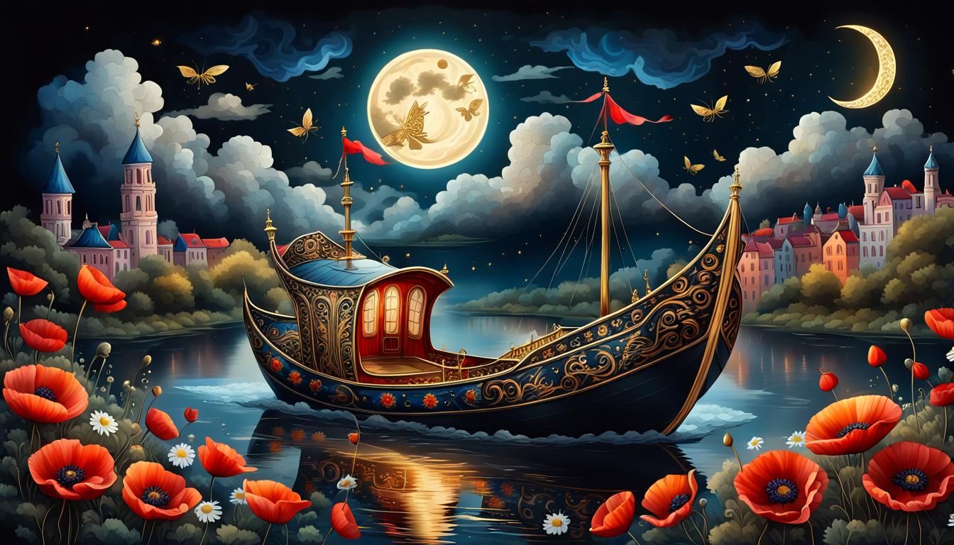 Magical Boat in Sky with Palekh Style Details