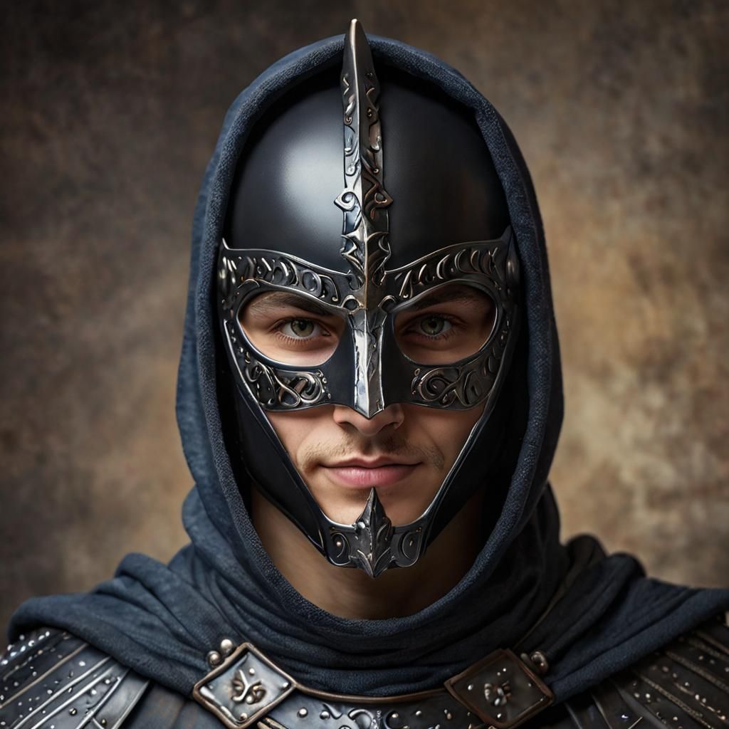 Cheerful Knight in Mask and Hood Close-Up