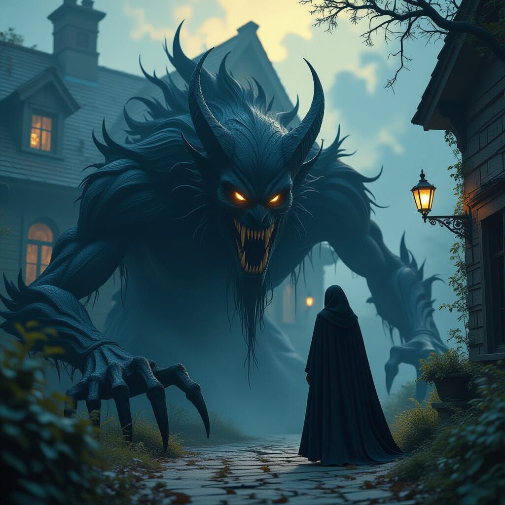 Mysterious Dark Spirit Approaches House in Fantasy Art