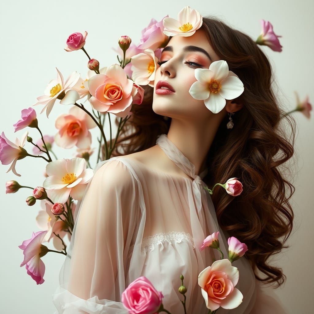Elegant Woman Surrounded by Exotic Flowers in Surreal Settin...