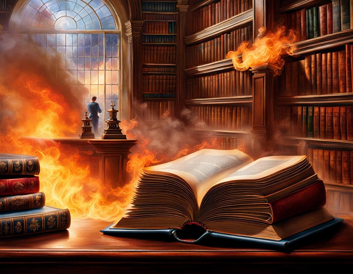 The novel Fahrenheit 451 by Ray Bradbury, all books must burn