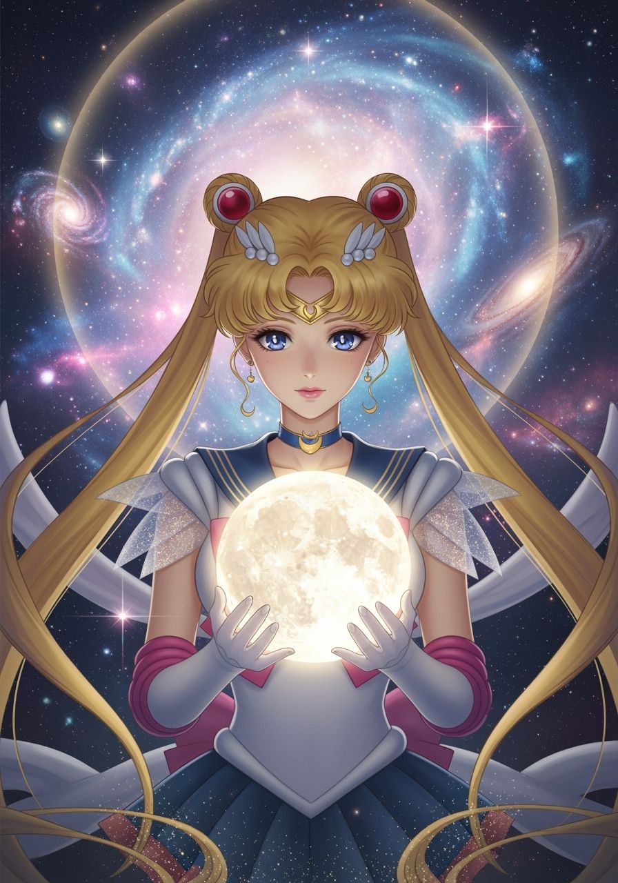 Divine Sailor Moon Holds Radiant Moon in Cosmic Vista