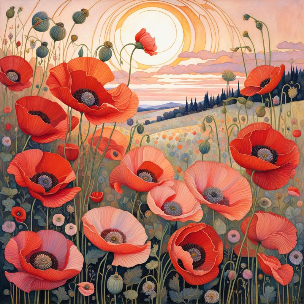 Poppies in Pink Evening Light, Art Nouveau Style