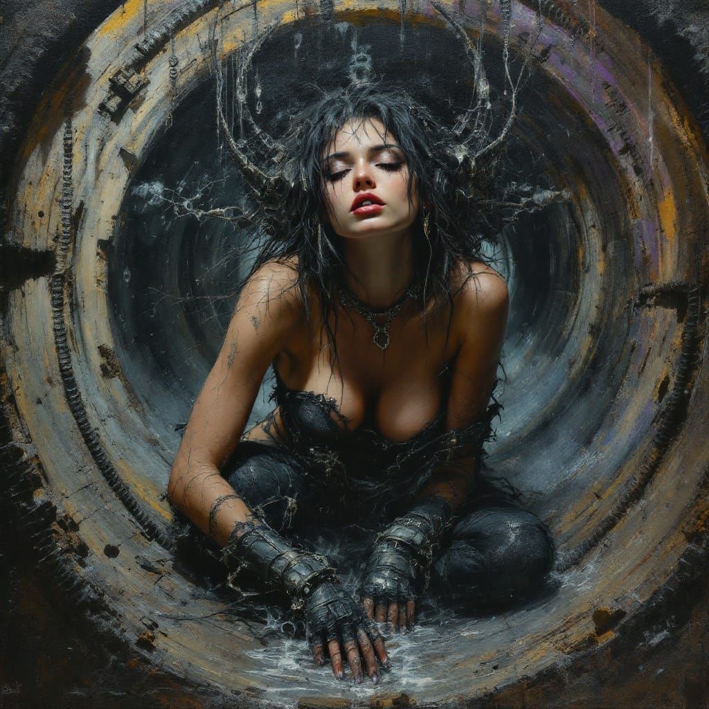 Postapocalyptic Beauty in Grimy Sewers, Realistic Painting