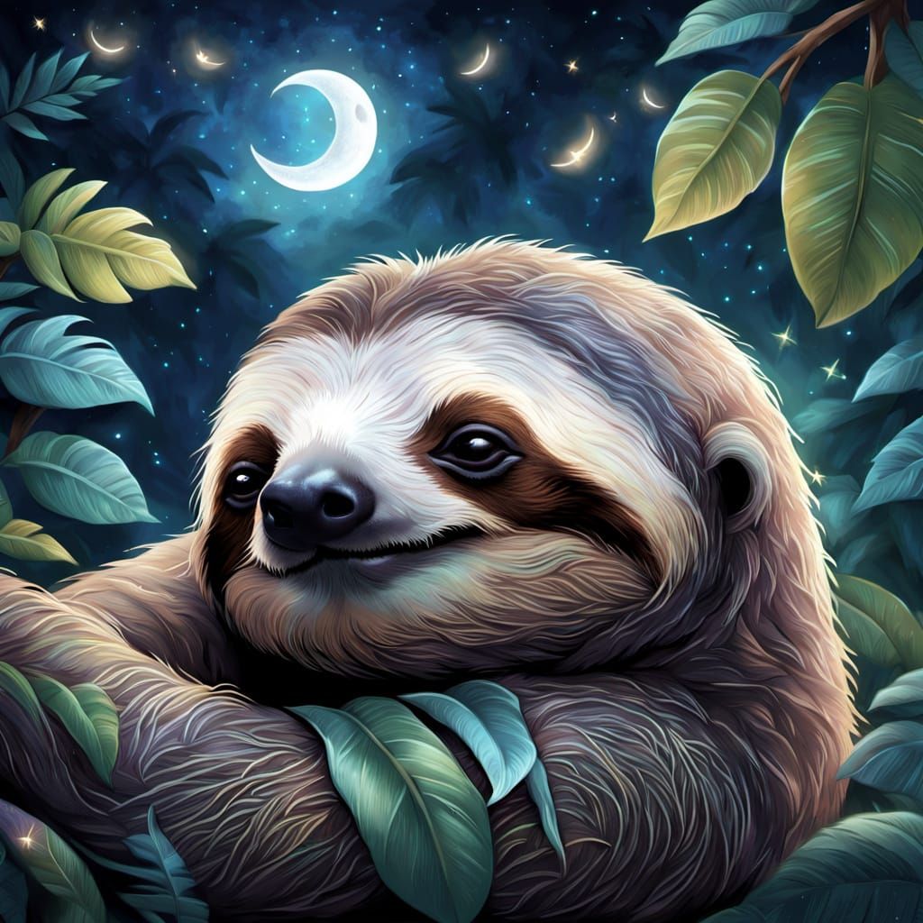 Gentle Sloth on Moonlit Crescent, Starry Rainforest Sky