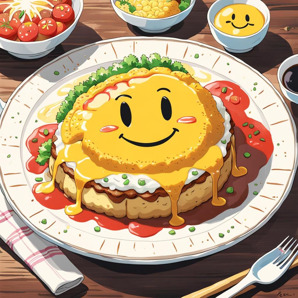 80s Anime Omurice with Smiley Face, Hand-Drawn