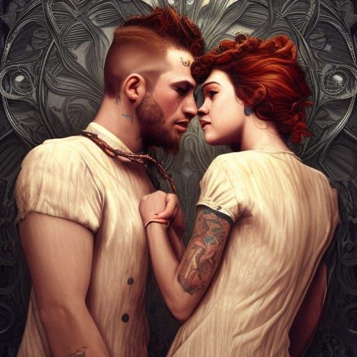 Dieselpunk Couple's Loving Kiss in Art Nouveau Style