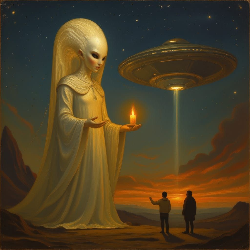 Luminous Alien Leads Mankind with Candle Under Spaceship