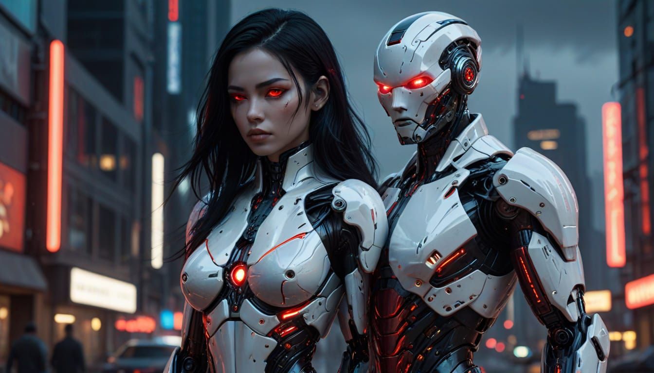 Cyberpunk Gynoid with Glowing Eyes in Neon Cityscape