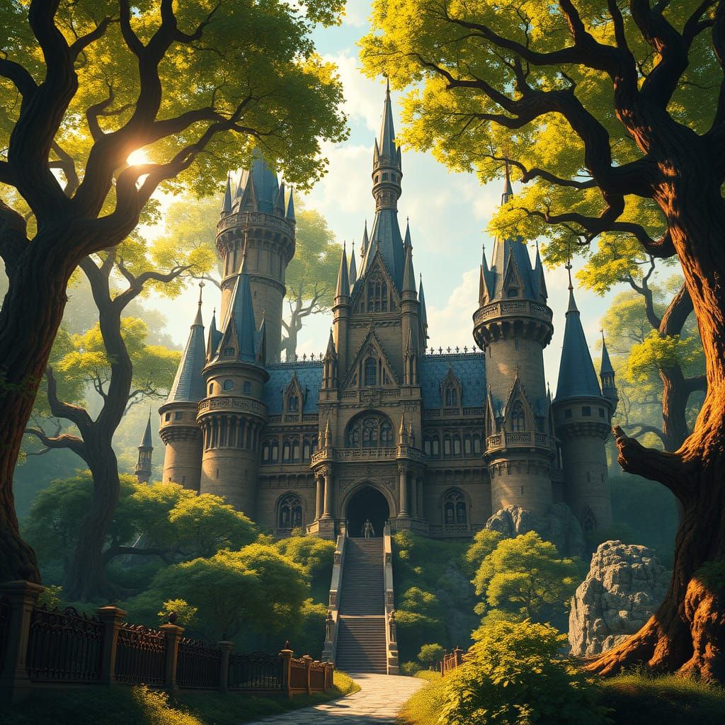 Fantasy Palace Amidst Vibrant Emerald Forest