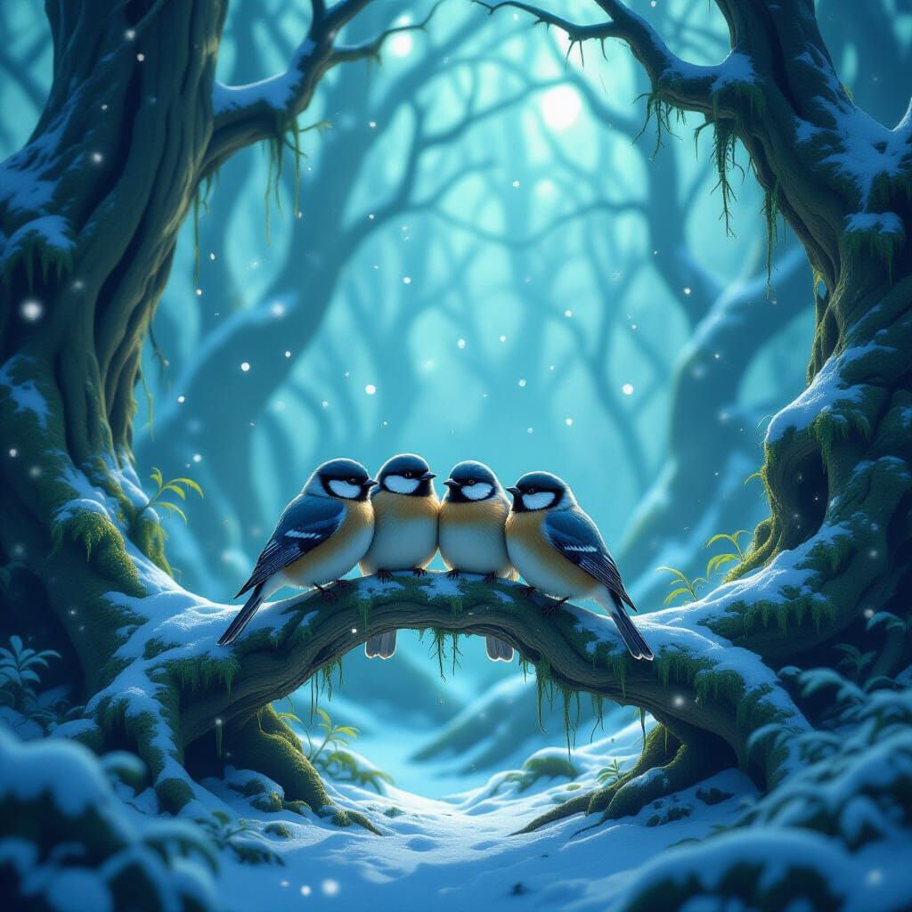 Love Birds in Bioluminescent Forest, Fantasy Art