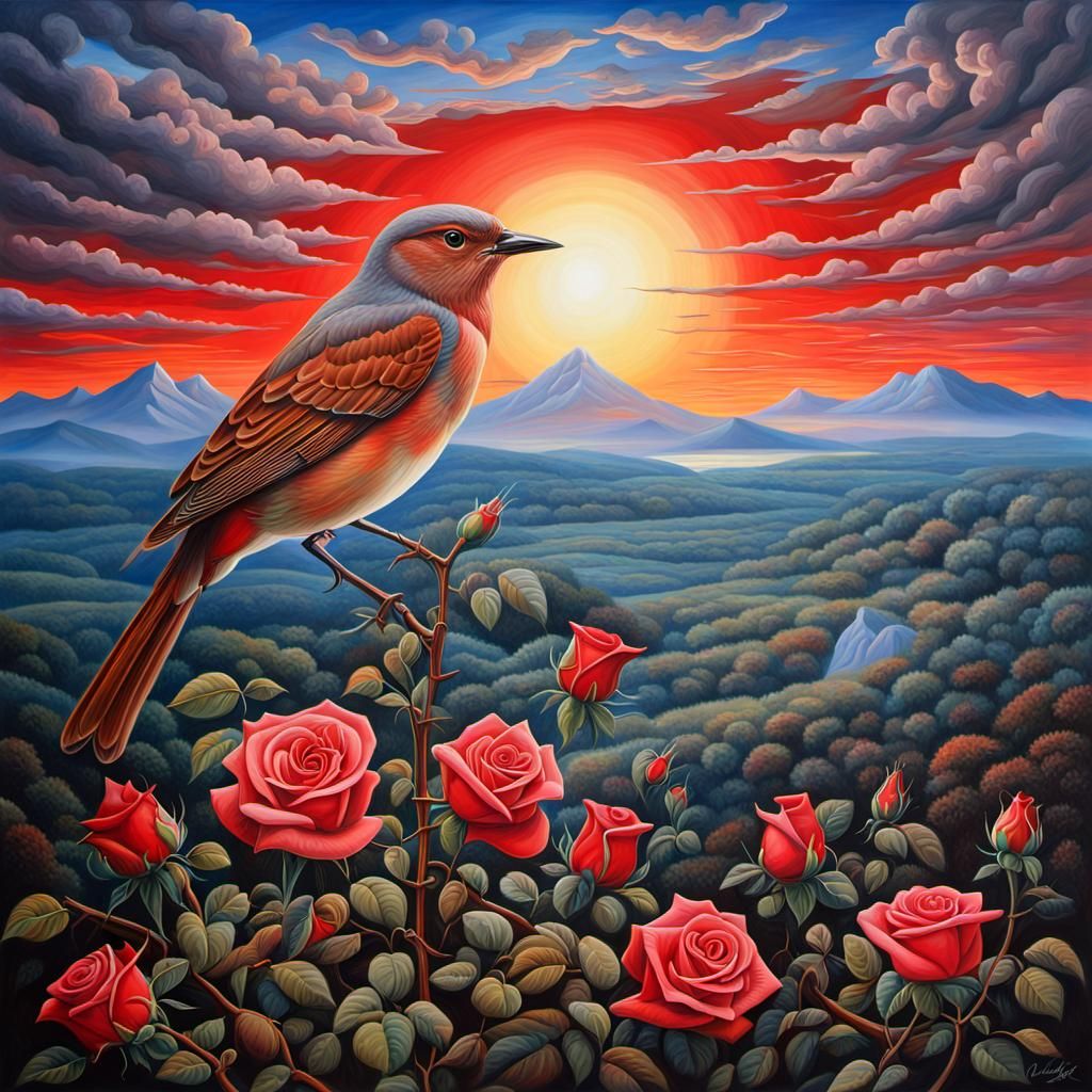 Nightingale's Sacrifice: A Rose in Blood, Oil Painting