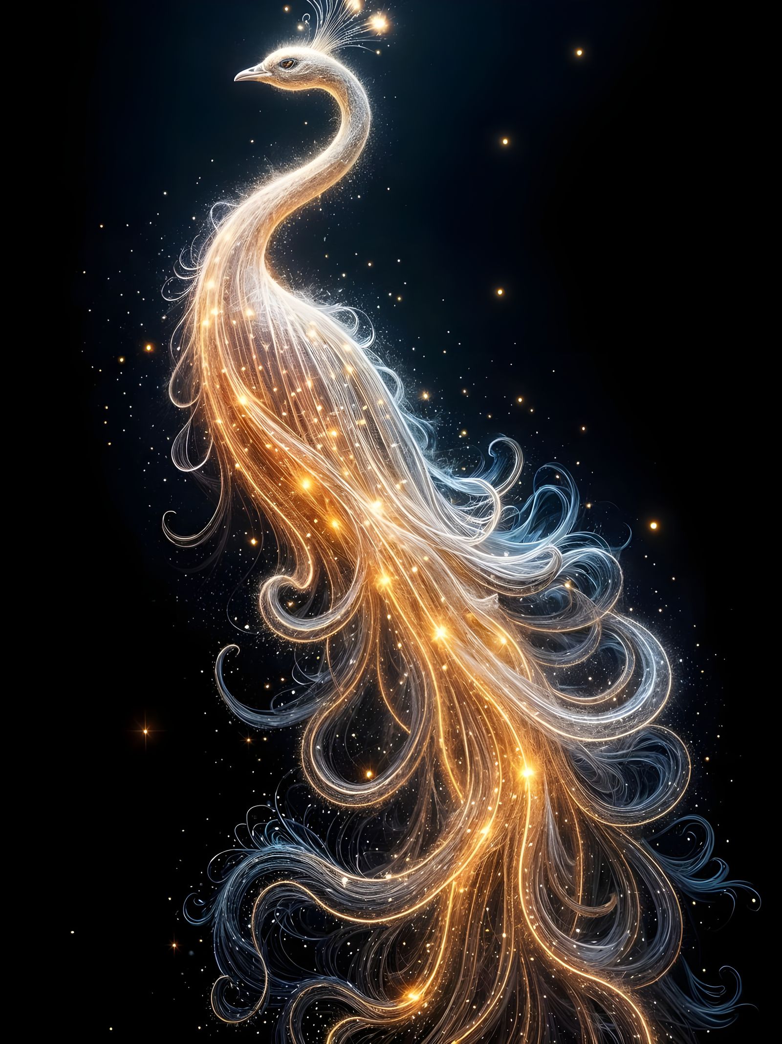 Ethereal Peacock Illuminates Dark Background with Swirling P...