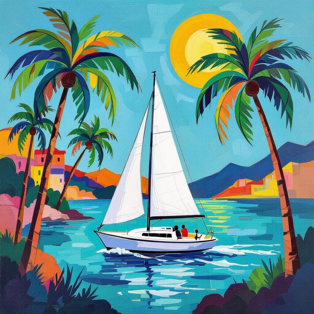 Sailboat and Palms in Colorful Modern Style