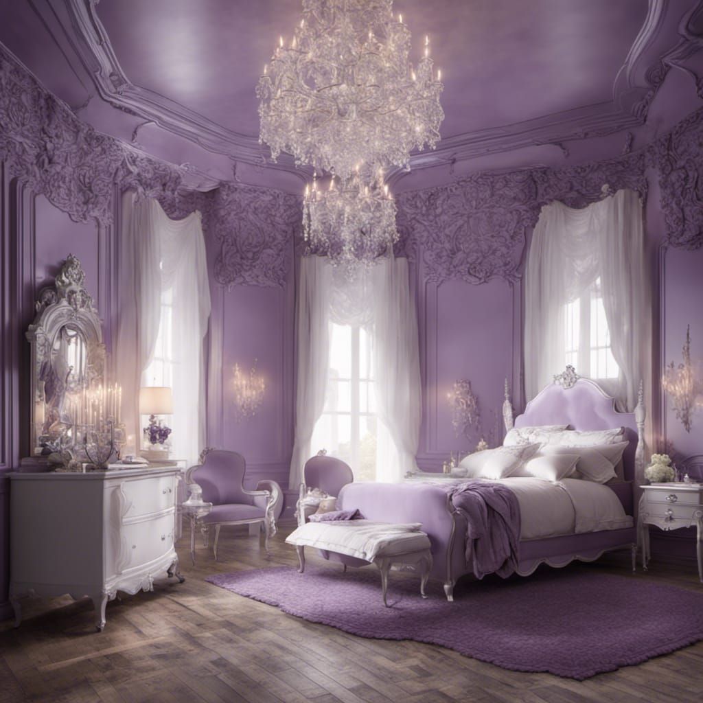 Elegant Bedroom with Lilac Walls in Detailed Matte Painting