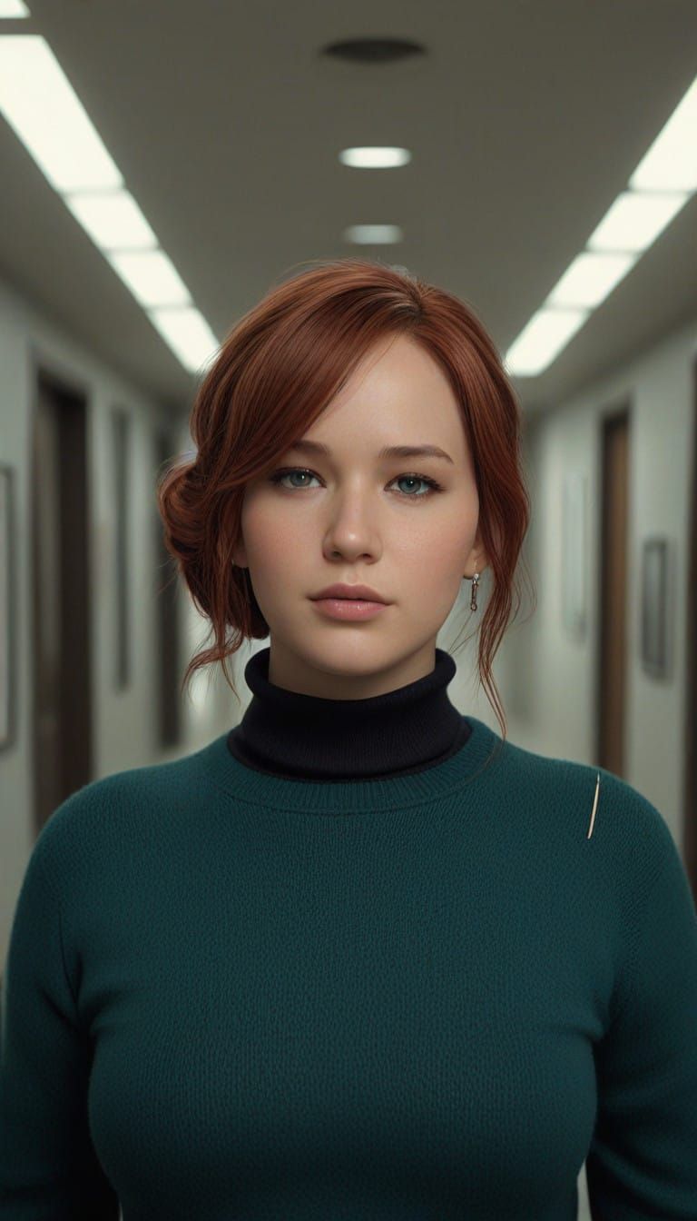 Jennifer Lawrence Inspired Anime Art in Teal Sweater and Bla...