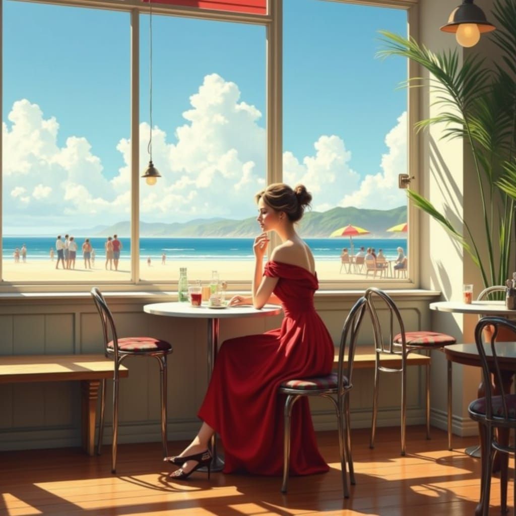 Woman in Red Dress at Seaside Cafe Window