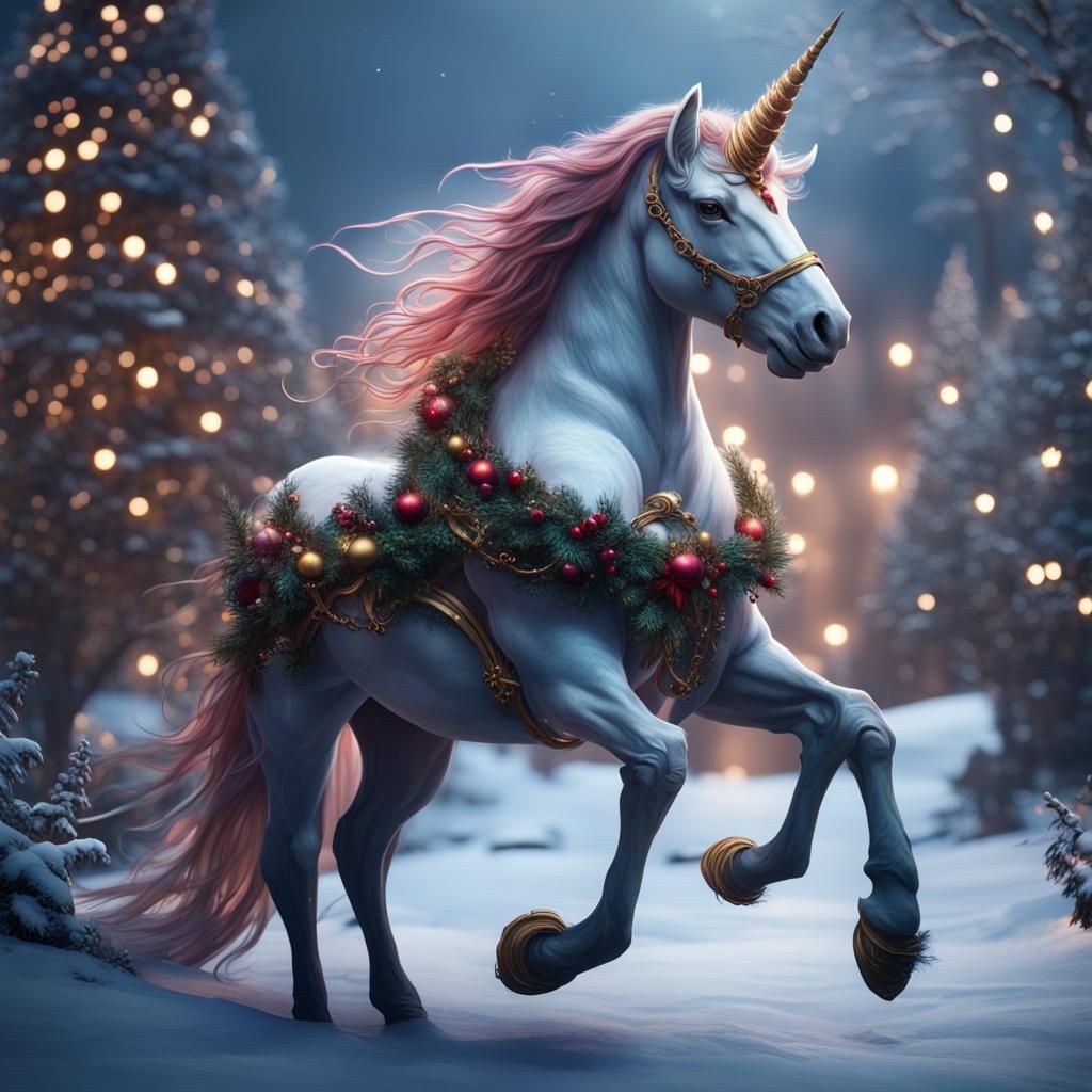 Fantastical Christmas Unicorn in Detailed Digital Painting