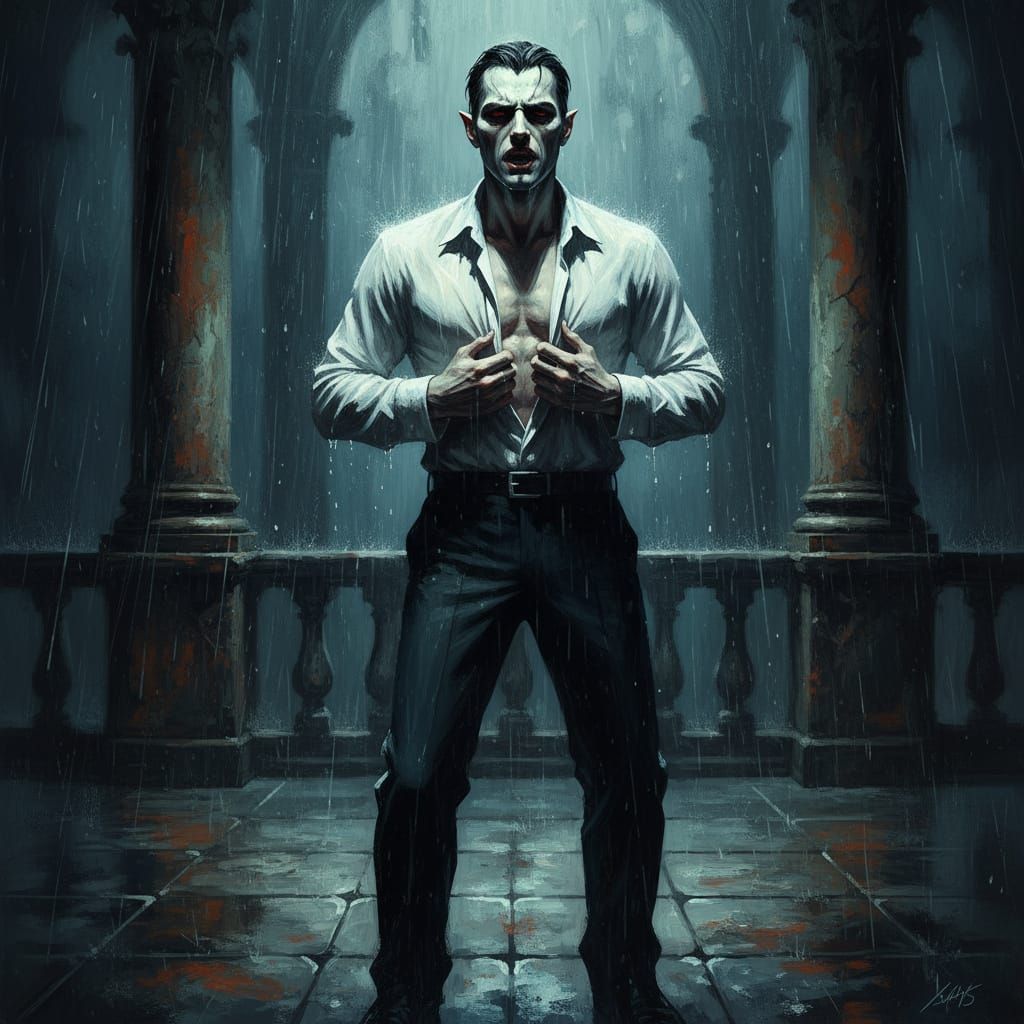 Handsome Vampire Grips Shirt on Stormy Terrace in Dramatic S...