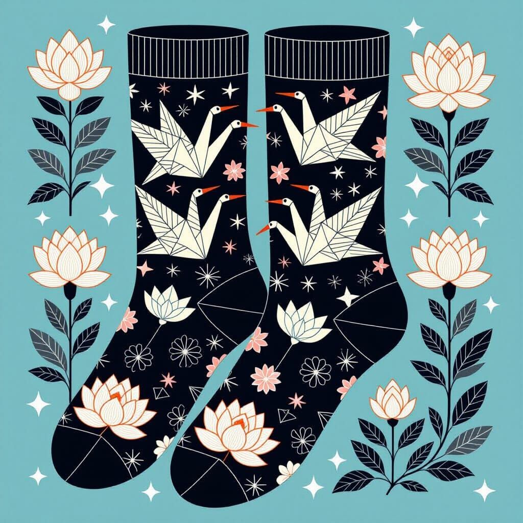 Origami Crane and Lotus Sock Design in Tattoo Art Style